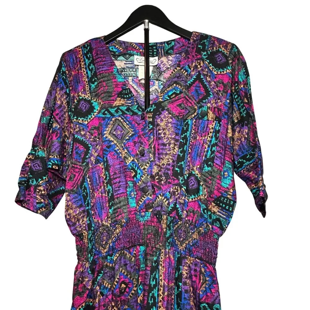 VTG En Focus Geometric Jumpsuit Purple L Rayon Southwestern Boho 90s USA Made